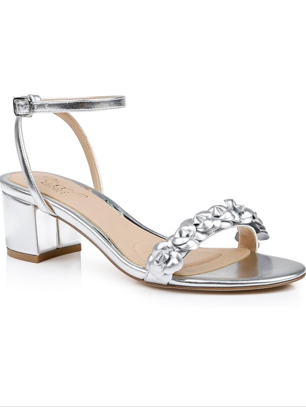 Jewel Badgley Mischka Silver Metallic Sawyer Low Block Heel Sandals